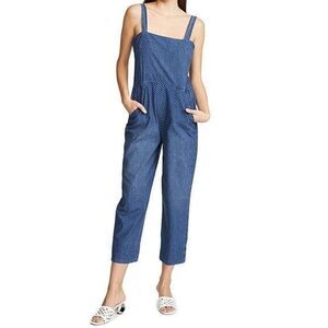 AMO Jumpsuit Womens Size Large L Blue/White Polka Dot Chambray Sleeveless Casual